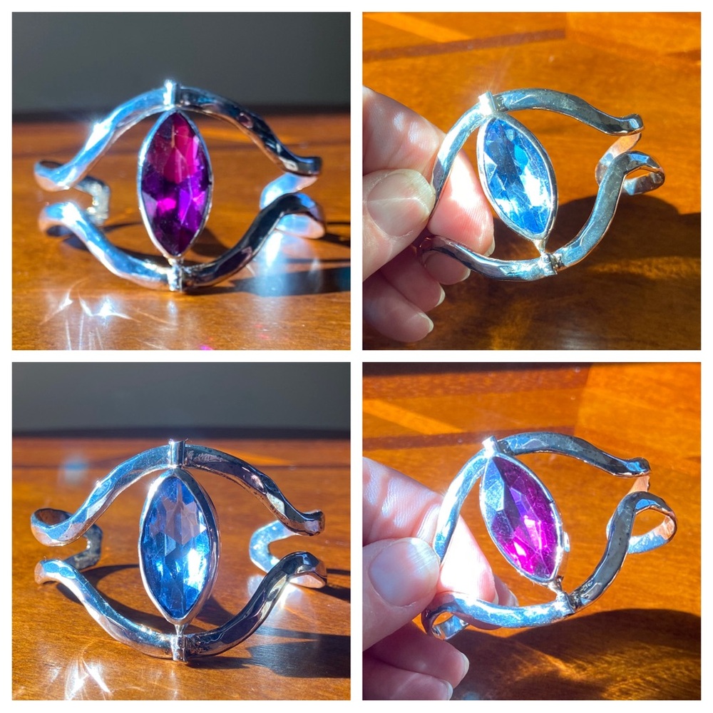 Sterling Silver Reversible Fuchsia & Baby Blue Oval Glass Stone Bangle Bracelet